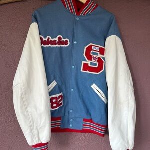Vintage Baby Blue 82 South Salem Leather Varsity Jacket 80s Leather College Coat
